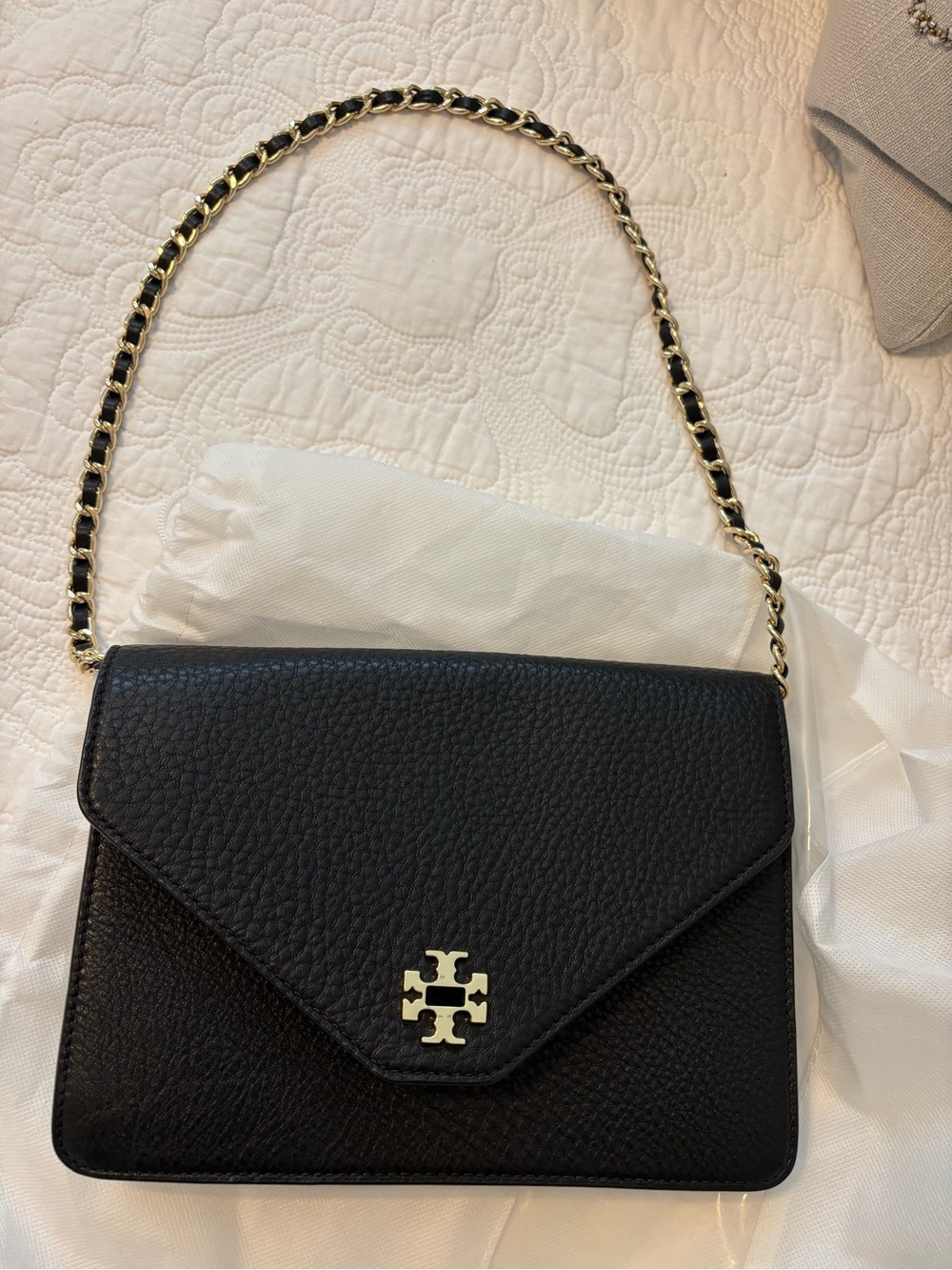 Tory Burch Black Pebbled Leather Envelope Wallet Crossbody with Gold Logo